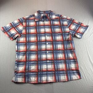 Trust Linen Blend Shirt Mens L Plaid Blue Orange Short Sleeve Button Up Preppy